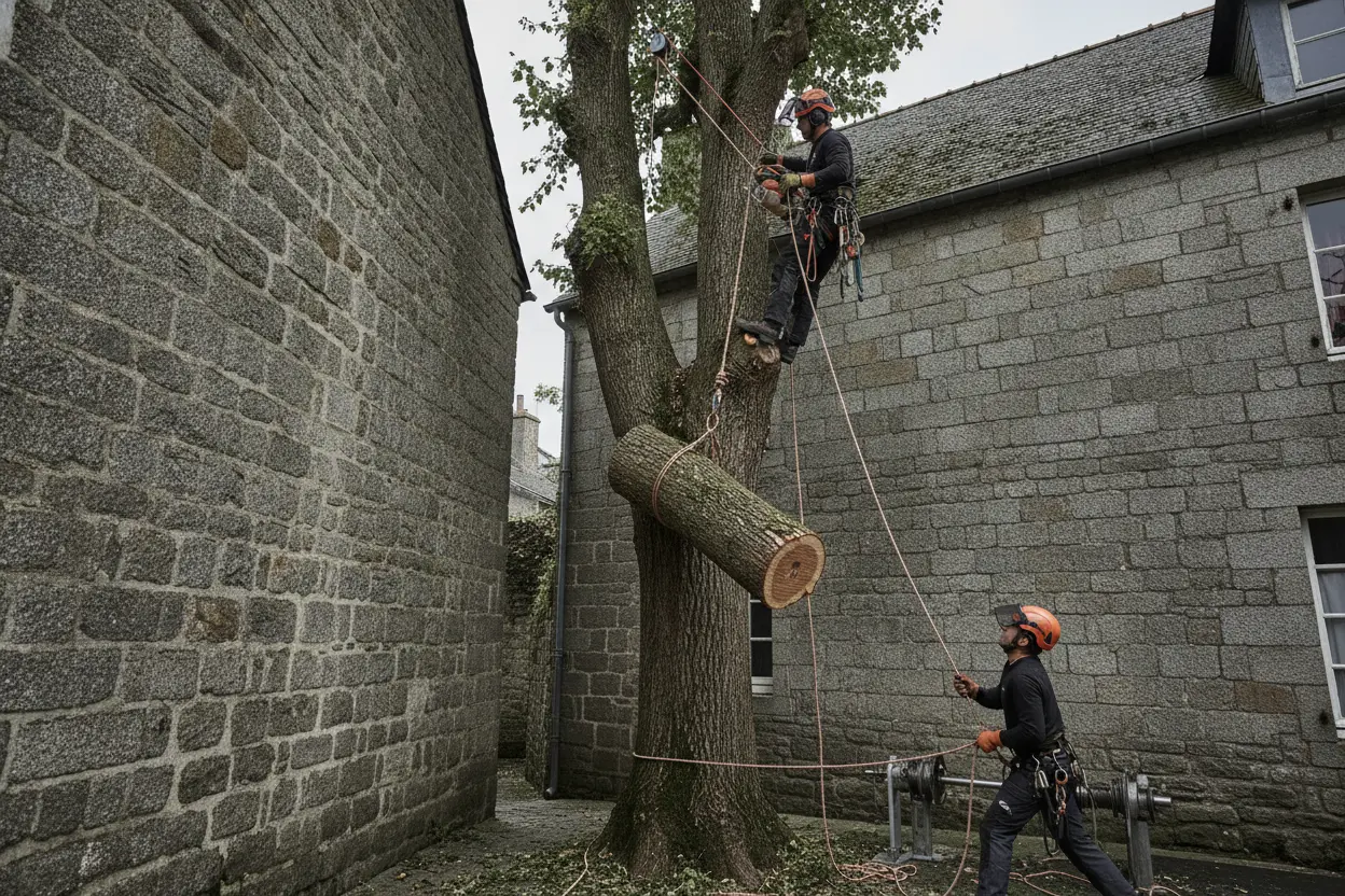 Démontage par rétention d'un arbre proche d'une façade à Brest Recouvrance