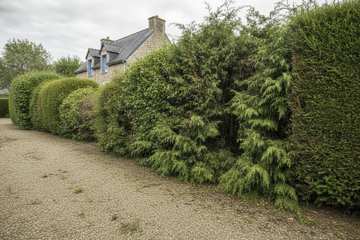 Avant : Haie de thuyas réduite à Lambézellec — élagage à Brest