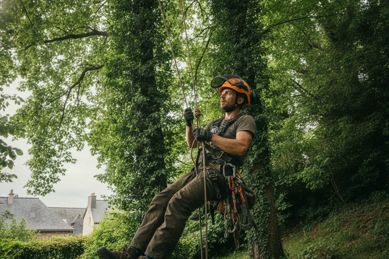 Élagueur grimpeur équipé EPI travaillant en hauteur sur un arbre à Brest
