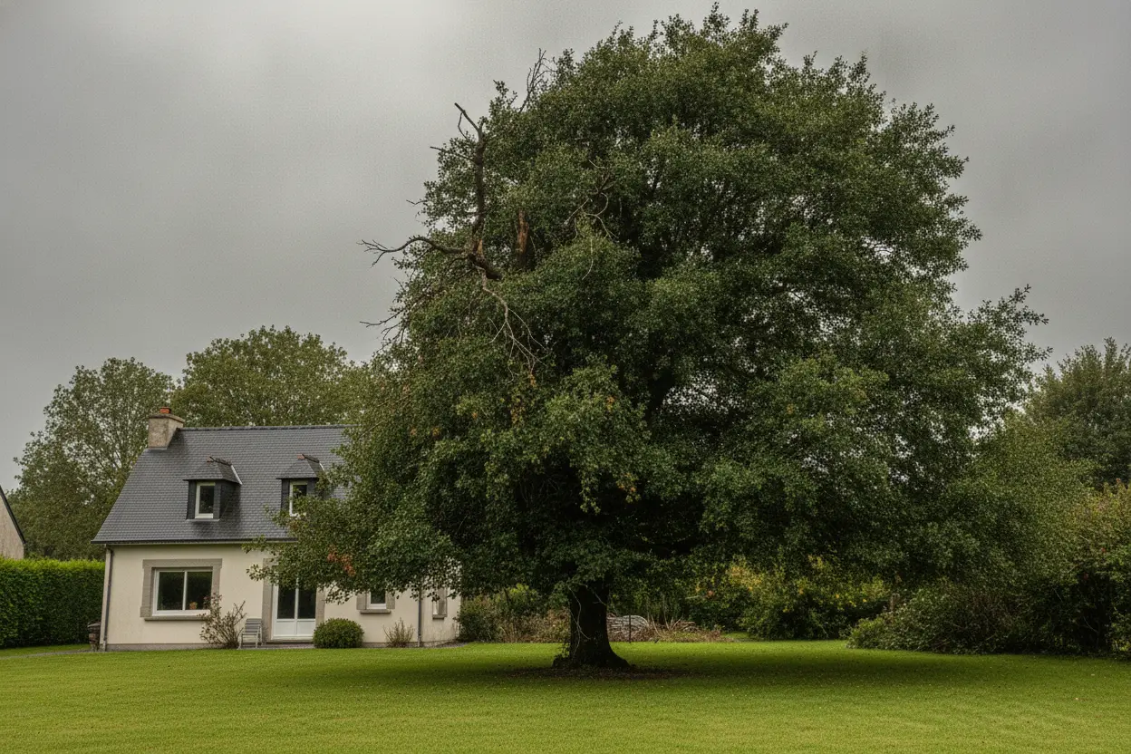 Chêne allégé et restructuré après élagage professionnel dans un jardin de Gouesnou