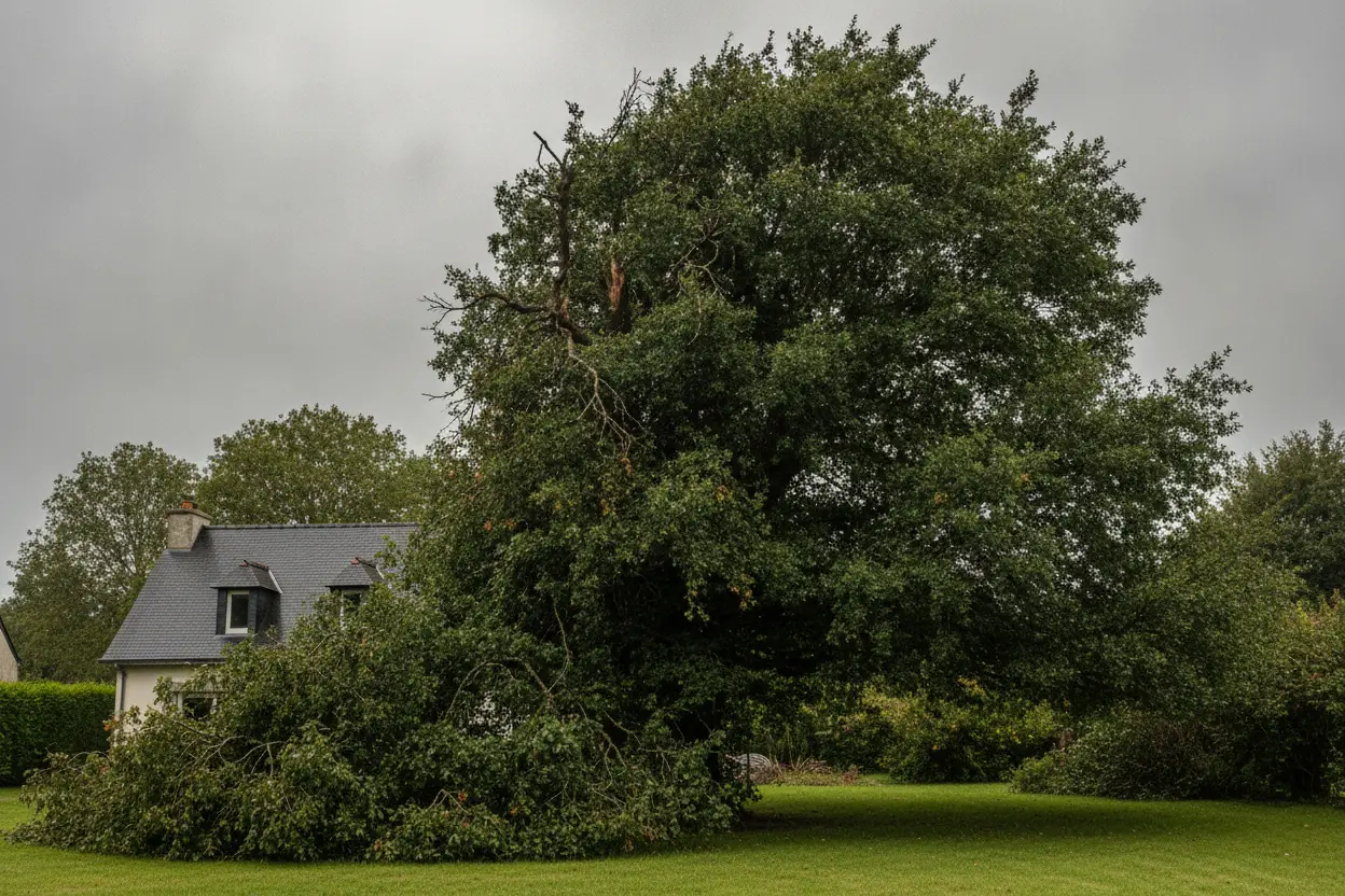Grand chêne avec houppier dense et branches déséquilibrées avant élagage à Gouesnou