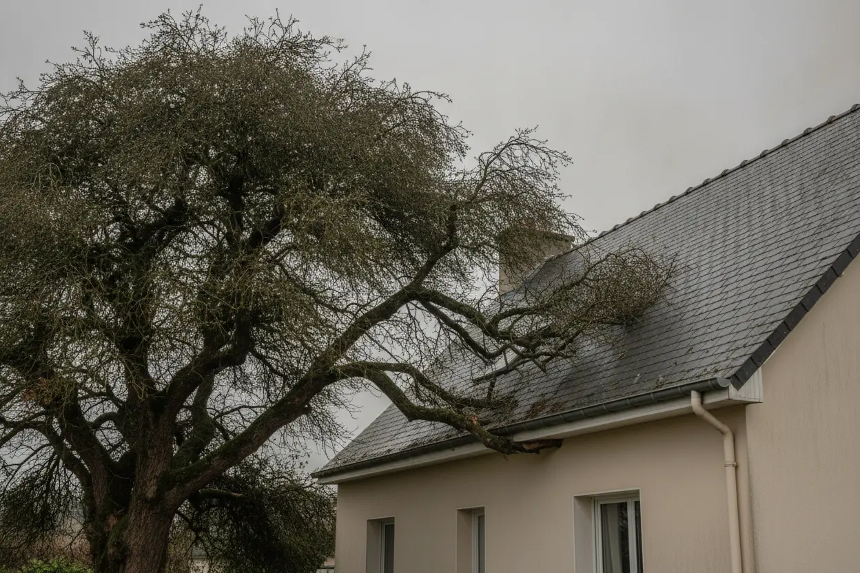 Grand arbre non taillé avec branches débordant sur la toiture d'un pavillon à Guipavas